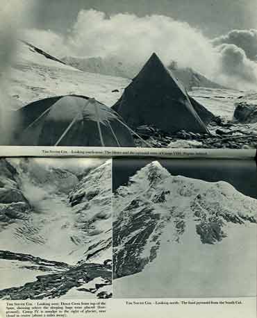 
Top: South Col looking southwest with the 1953 British Mount Eveest Expedition Camp VIII tents and Nuptse behind. Bottom Left: South Col looking west down the Western Cwm. Bottom Right: South Col looking North to the Mount Everest South Summit
